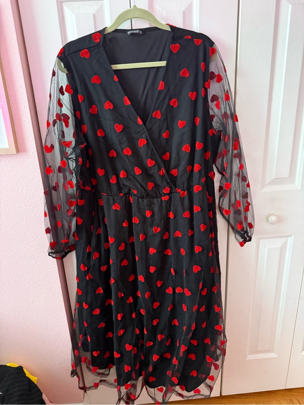 BloomChic Black Mesh Midi Dress with Red Heart Accents